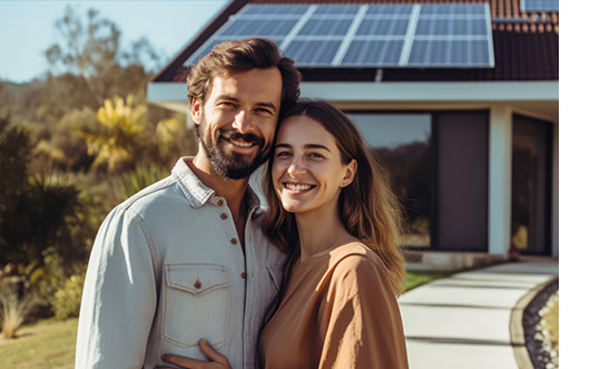 Couple avec une maison avec installation solaire en arrière plan